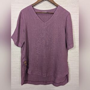 Moraitis Greece 100% Linen Side Button Tunic Top V Neck Plum Purple Size Large
